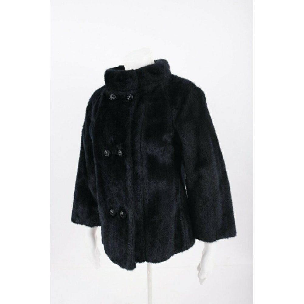 Vintage 50s 60s Womans Black Faux Fur Jacket Coat Double Breasted S M Winter - Picture 2 of 6